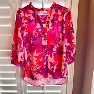 First Love by Lovelyn Pink Floral Ruffle Blouse Women’s SZ S Button 3/4 Sleeve